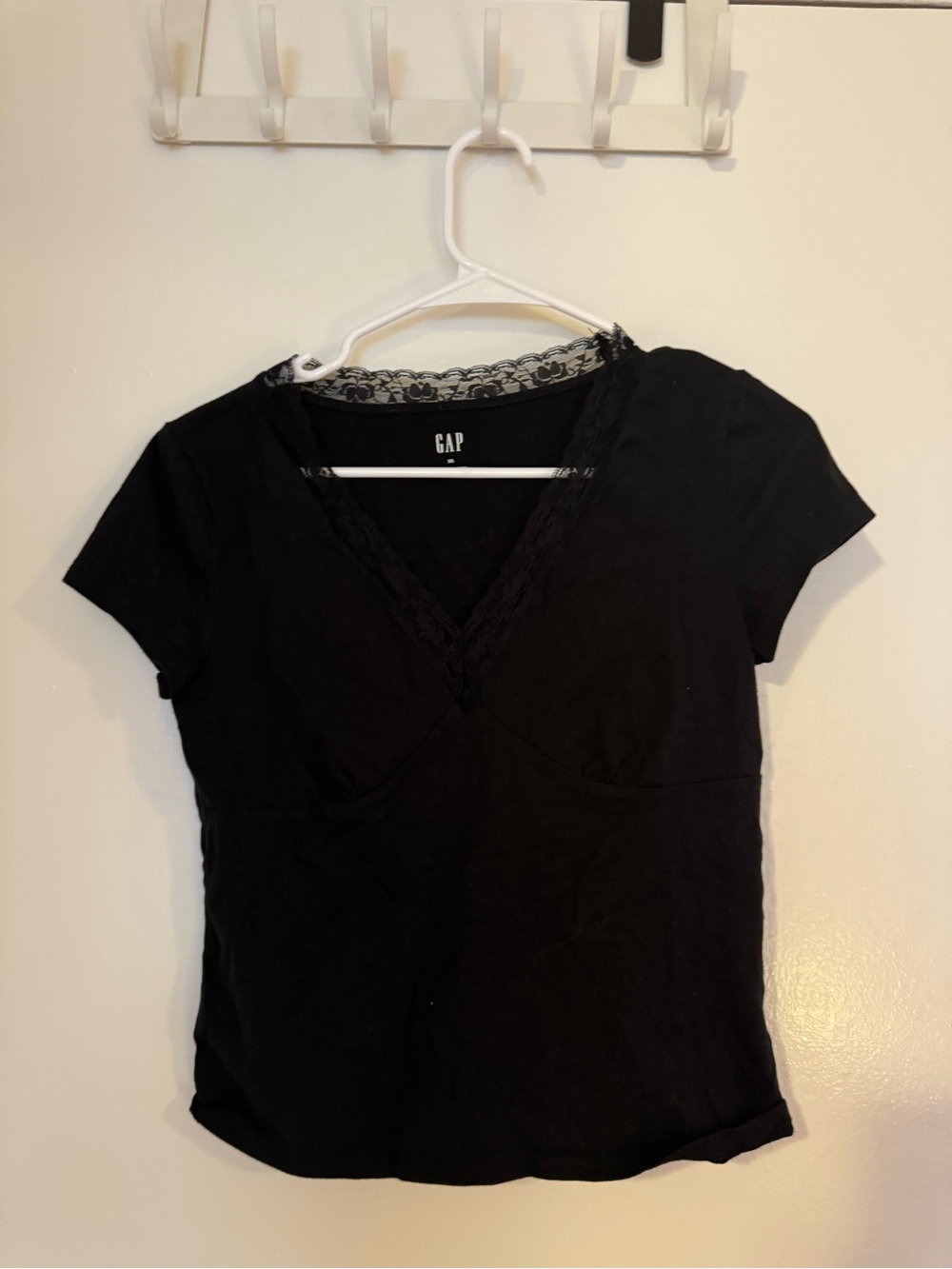 GAP Black V-Neck Short Sleeve Top with Lace Trim